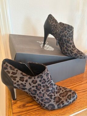 Vince Camuto Leopard Print Ankle Booties in Brown and Black
